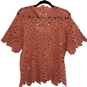 Handmade Top Womens Medium Rose Peach Crochet Short Sleeve Lace Wearable Art